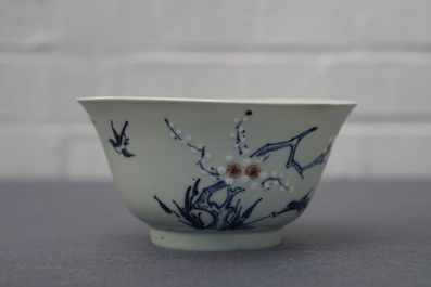 A Chinese blue, white and red on celadon ground 'prunus' bowl, Kangxi